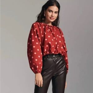 Anthropologie Maeve Brick Red Pink Polka Dot Bubble Hem Top